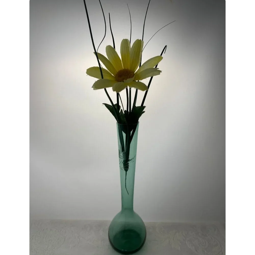 MCM Vintage Green ART Glass Bud Vase Bulb Fluted with Floral Etching 8